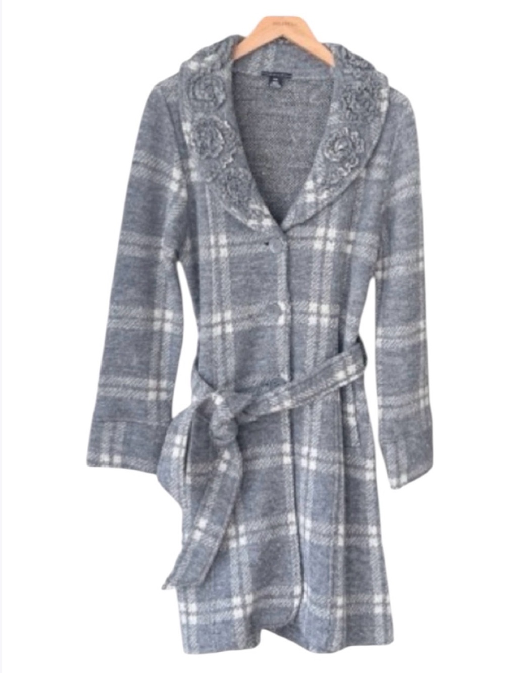 Renaur Grey Wool Blend Belted Wrap Coat Knit Collar Women’s Size M